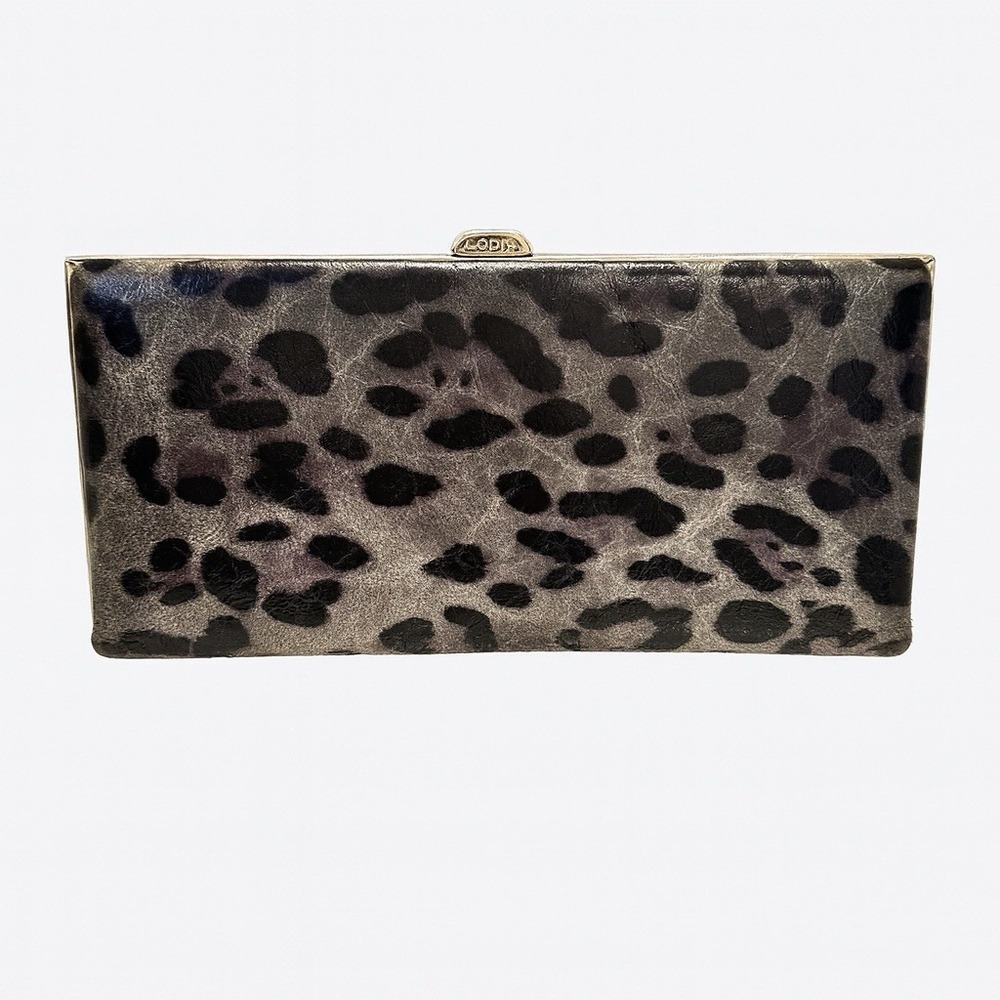 LODIS LARGE Clutched Framed Leather Wallet Leopard AnimalPrint Gray/Black Silver